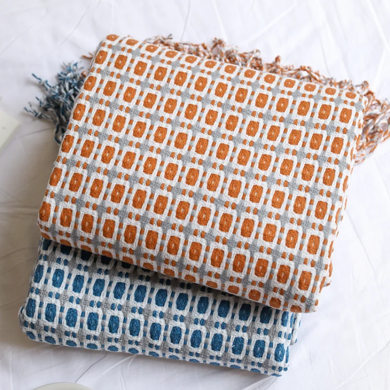 Boho Throw Blanket Fringe - Koc z geometrycznym wzorem w kratę,